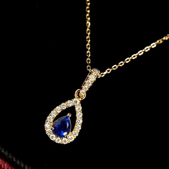 NEW 14k Yellow Gold Diamond Sapphire Necklace Pear Cut Necklace - Picture 6 of 7